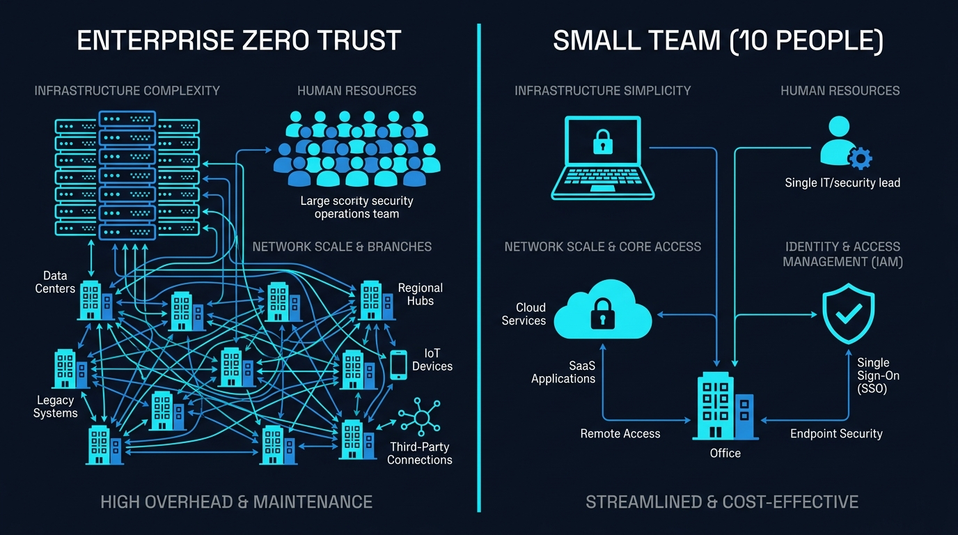 Enterprise Zero Trust vs Small Team ZTNA comparison diagram